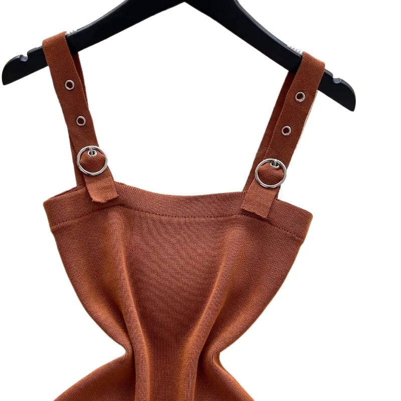 Women's Brown Spaghetti Strap Square Neck Sundress Metal Buckle Stretchy Ribbed Knit Bodycon Mini Dress Summer Party Dress - Image 6