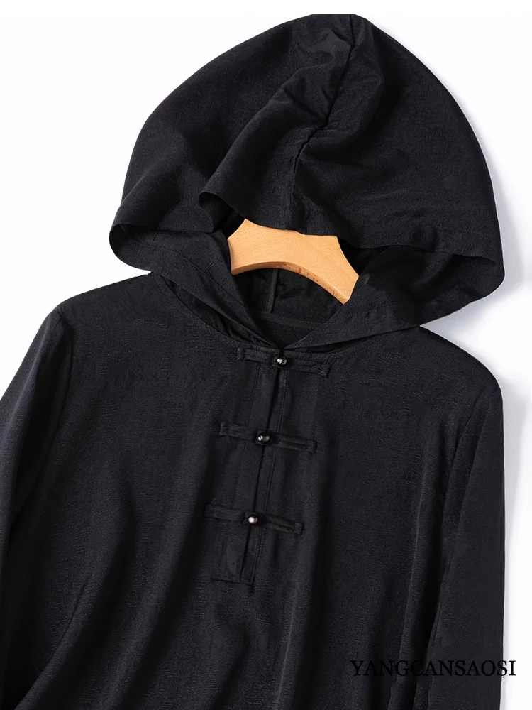 21MM 93% Natural Mulberry Silk Elastic Jacquard SangBo Satin Hooded Long Sleeved Loose Women's Black Casual Pullover