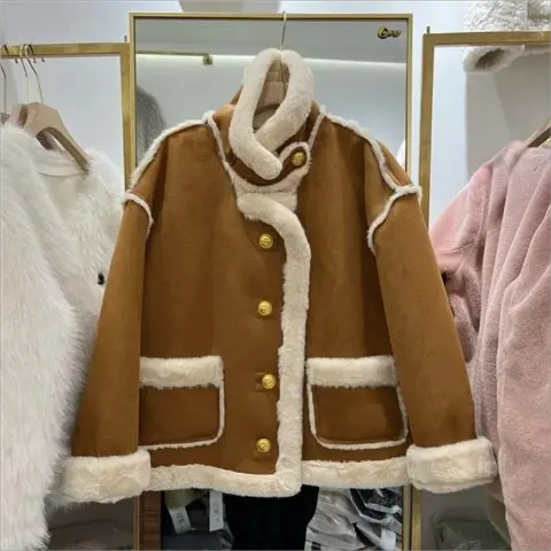 Jaqueta de couro falso com colarinho luxuoso para mulheres, parka de peito único, casaco elegante, com pele quente, novo, 2023