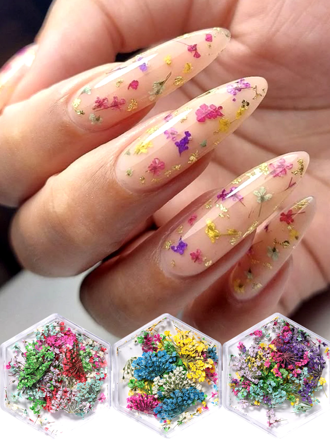 Gemischte Bunte Natürliche Blumen Nagelkunst-Charms Klein-Blau Gelb Rot Fünfblättrige Blume Natürliche Florale Maniküre-Accessoires – Detail 13