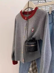 Round neck embroidery matching color cashmere knitted cardigan women's spring and autumn loose sweater short wool coat