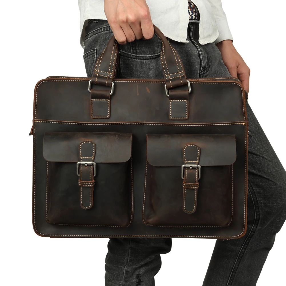 Crazy Horse Men\'s Handheld Briefcase Multi functional Shoulder Bag Men Genuine Leather Bag 15.6-inch Business Computer Bag