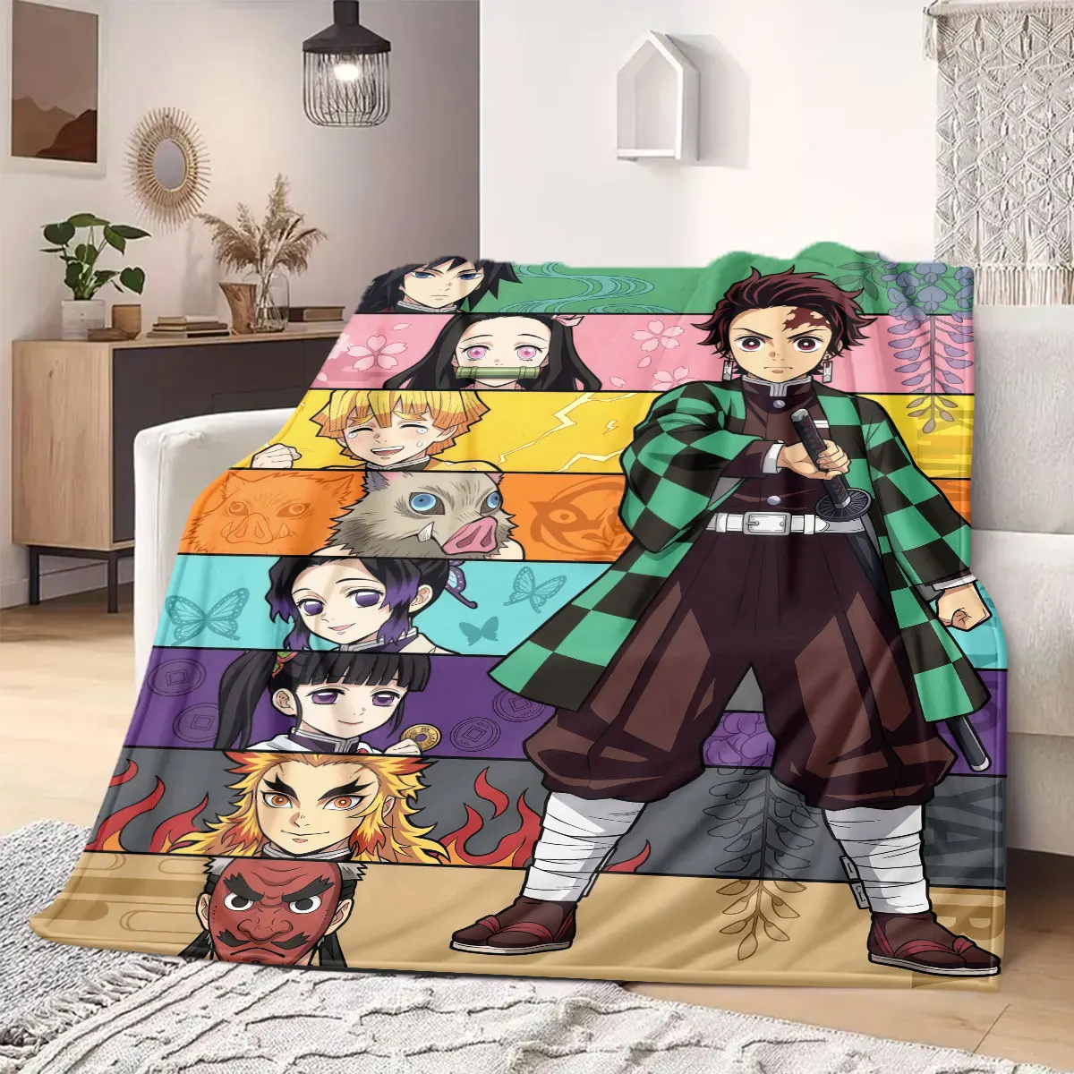 Demon Slayer Bright Cartoon Flannel Blanket, Printed Style for Sofa Bed, Comfortable Bedroom Decor, Outdoor Picnic Use_LIAN