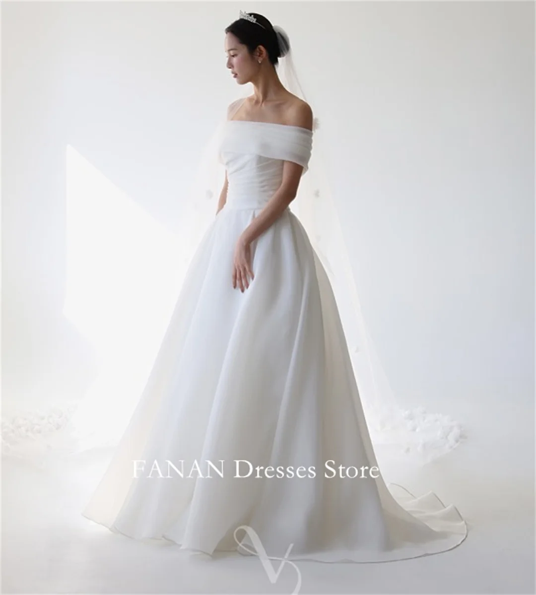 

FANAN Off Shoulder Korea White Long Wedding Dresses 웨딩드레스 Short Sleeves Organza Customized Pretty Bride Gowns Plus Size