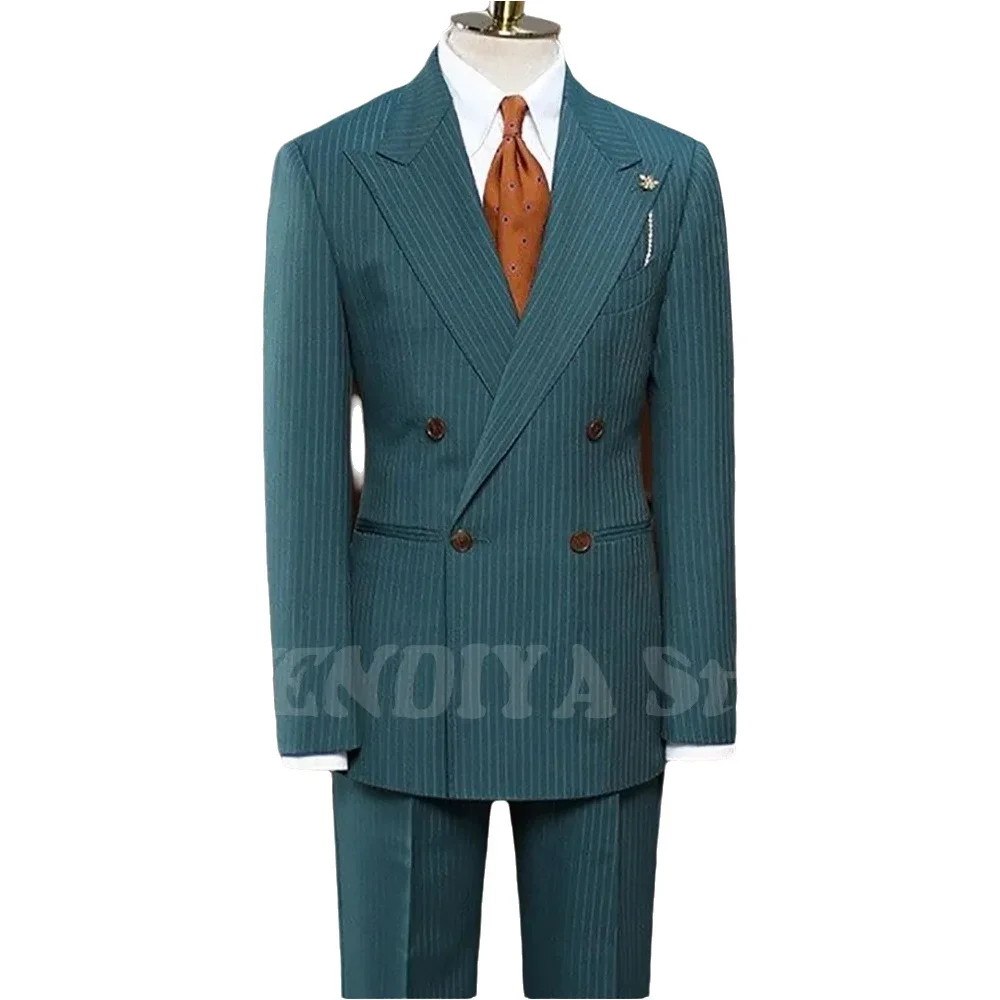 بدلة مقلمة للأعمال للرجال جودة عالية قطعتين الذروة التلبيب السترة الرسمية مجموعة مزدوجة الصدر بدلة زفاف عادية #2