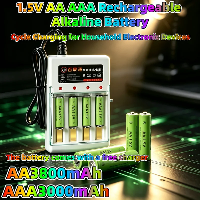 Kit batterie ricaricabili alcaline 1,5V AA AAA AA3800mAh AAA3000mAh con caricabatterie a 4 slot e spina europea per telecomandi, torce, fotocamere e giocattoli