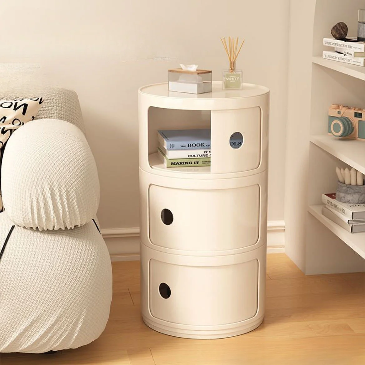 Modern Circular Bedside Table with Storage Cubbies - Painted Finish, Durable Plastic Nightstand with Mini Cabinet for Bedroom