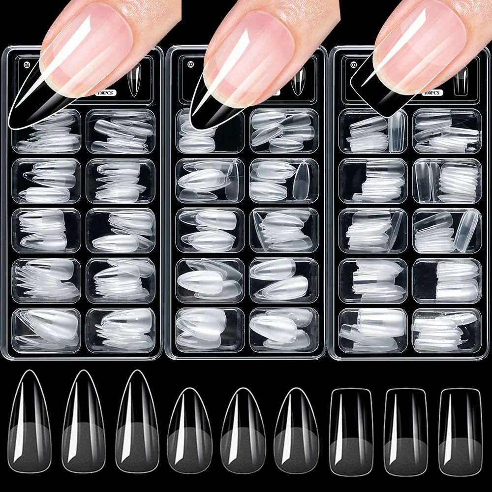 

100 шт. полуматовых прозрачных акриловых накладных ногтей формы «миндаль» и «квадрат», мягкие, с полным покрытием, предварительно сформированные, для наращивания, накладные ногти D-образной формы # 4