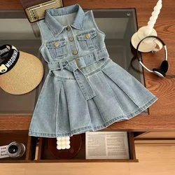 Girls Casual Dresses Sleeveless Shirt Collar Pleated Western Dress Girls Clothes for 3 To 7 Years Chinese Traditional Dress