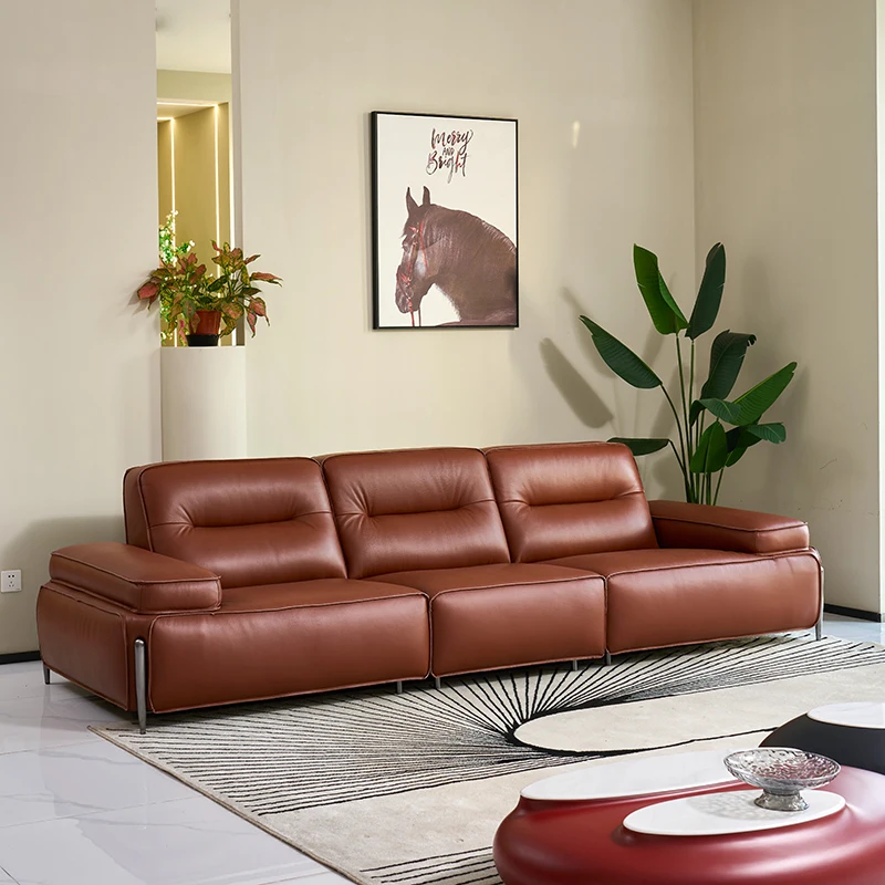 

Italian minimalist leather sofa straight row full cowhide light luxury modern minimalist combination