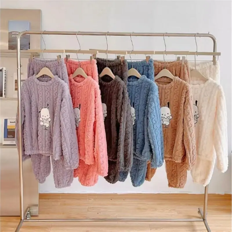 

Sanrio Women's Pajama Set Jacquard Comfort Cotton Fleece Homewear Outerwear Winter Plush Thickened Warm Cartoon Sleepwear Set