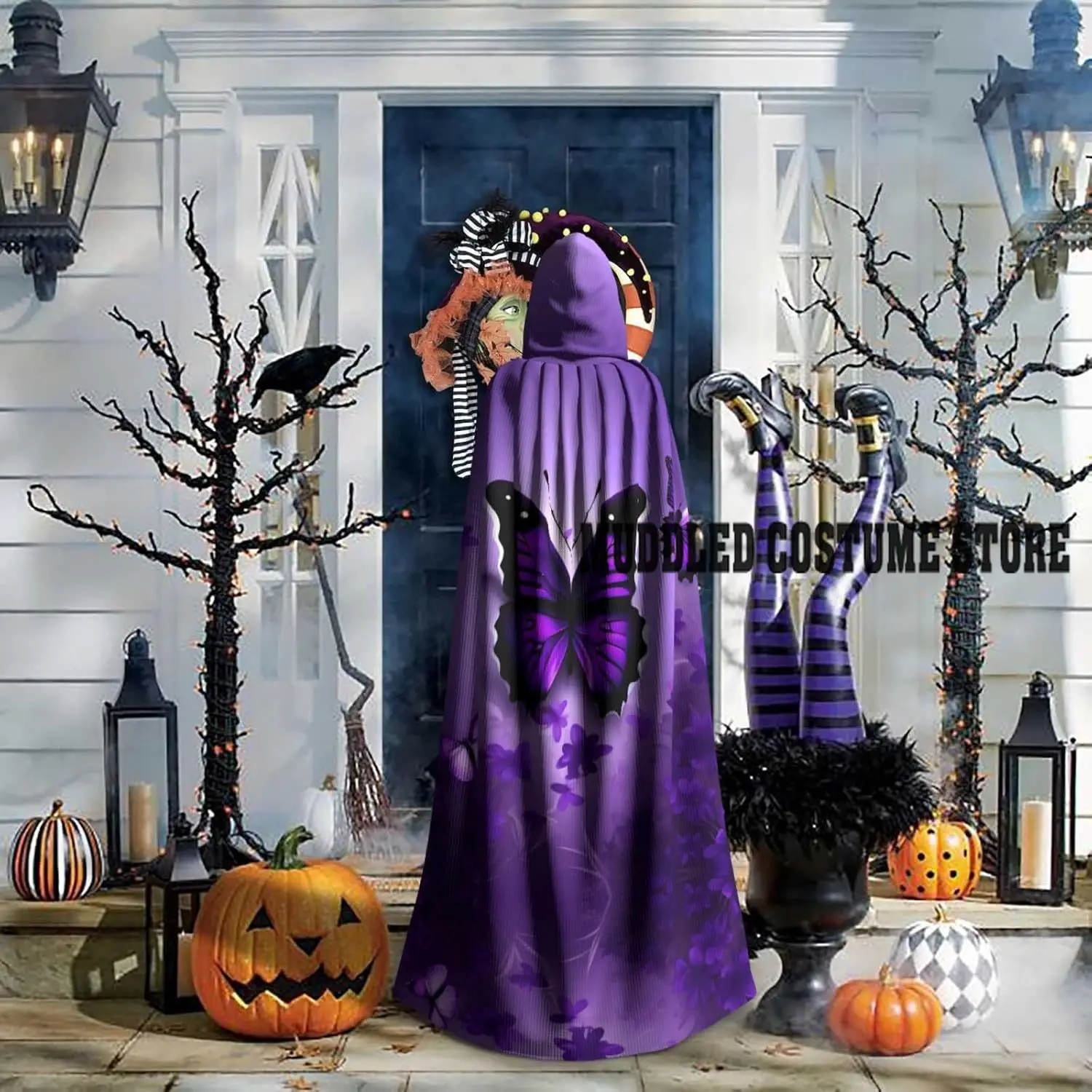 عباءة بقلنسوة على شكل فراشات أرجوانية جميلة للبالغين مع زي رداء رأس ساحرة لعيد الهالوين #6