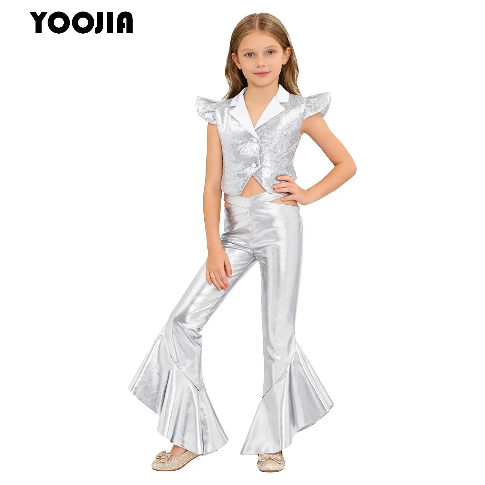 Kids Girls Sequins Hippie Costume Disco Jazz Dance Outfit Metallic Shiny Fly Sleeve Crop Vest with Ruffles Bell-bottom Trousers
