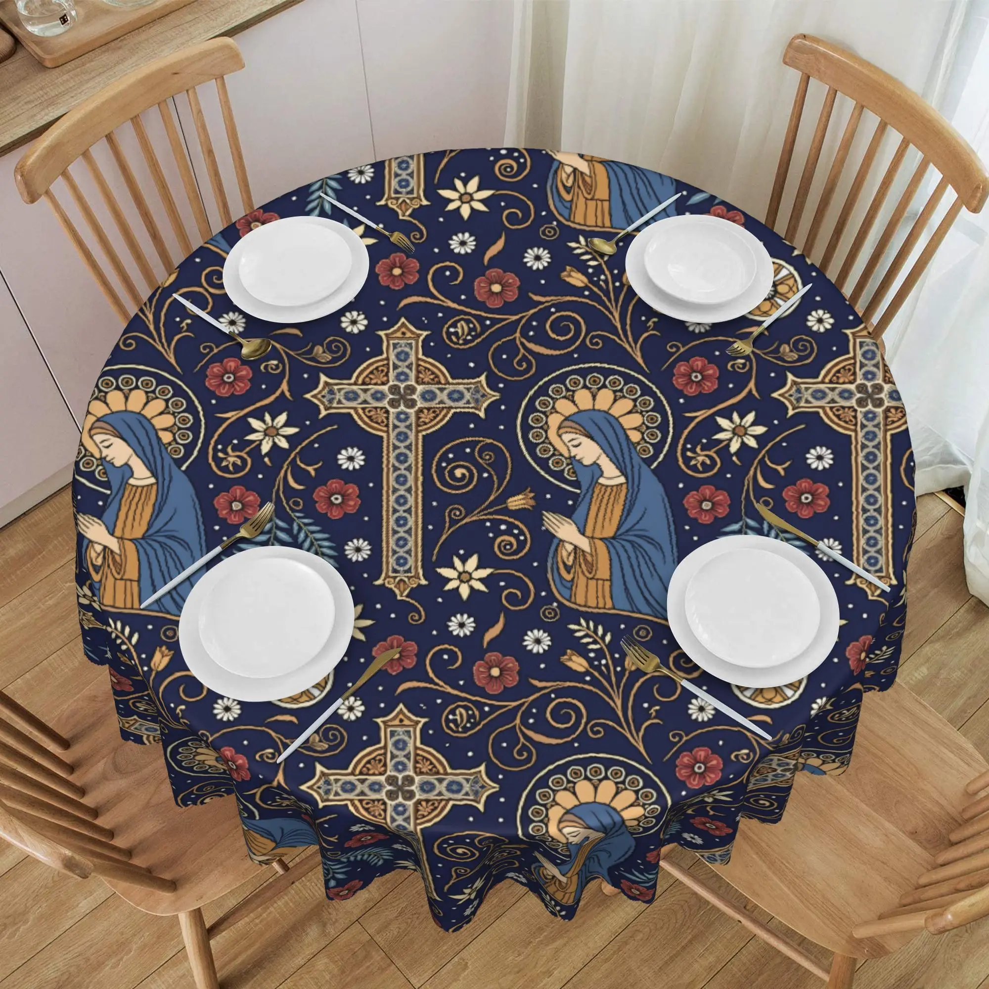Nappe ronde médiévale Vierge Marie Imperméable et anti-taches 60 pouces – Housse de table catholique