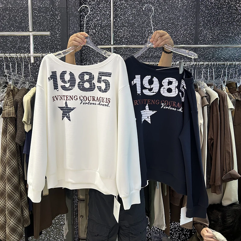 

Худи свободного кроя с цифровым принтом, длинными рукавами, в корейском стиле, осенняя мода, с открытыми плечами, для повседневной носки, средней длины