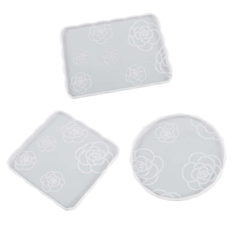 Rose Flower Silicone Mold Round Rectangle Tray Cup Mat Epoxy Resin Casting Mould for DIY Crafts Home Decorations