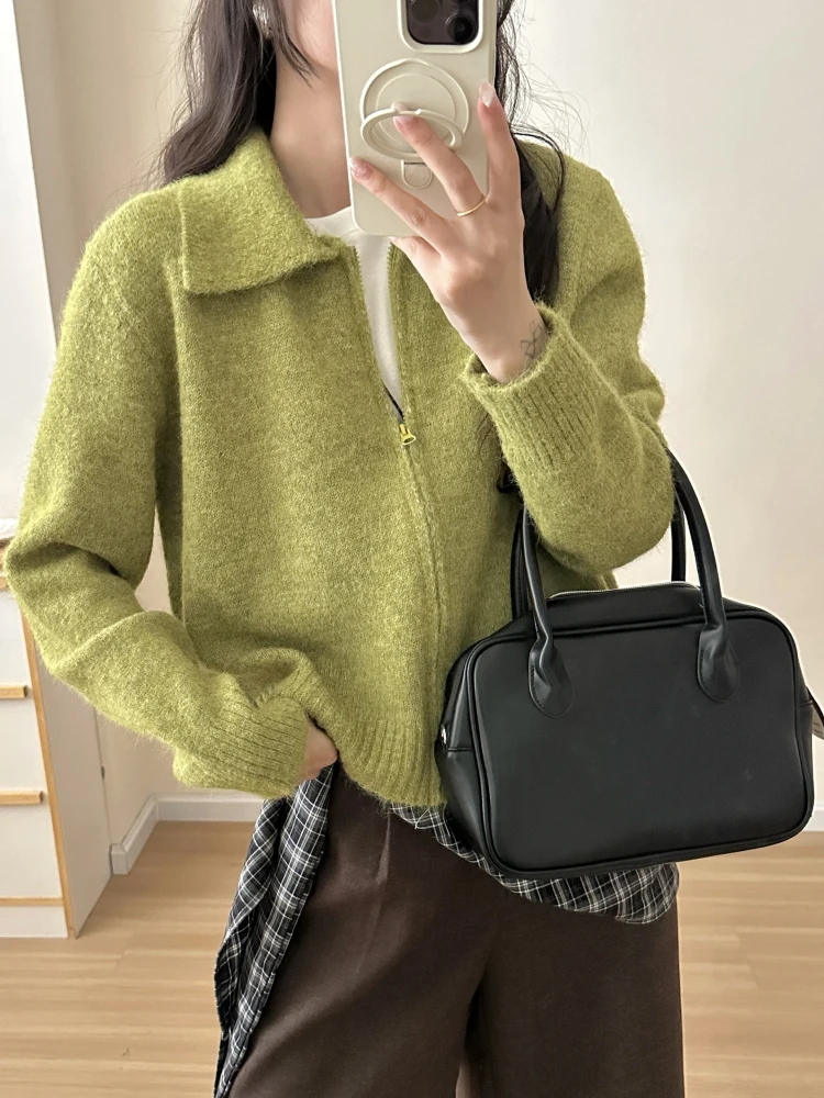 Long Sleeve Knitted Zipper Loose Fit  Collar Women's Sweater Autumn Winter Warm Outerwear Fleece Thickened Outerwear