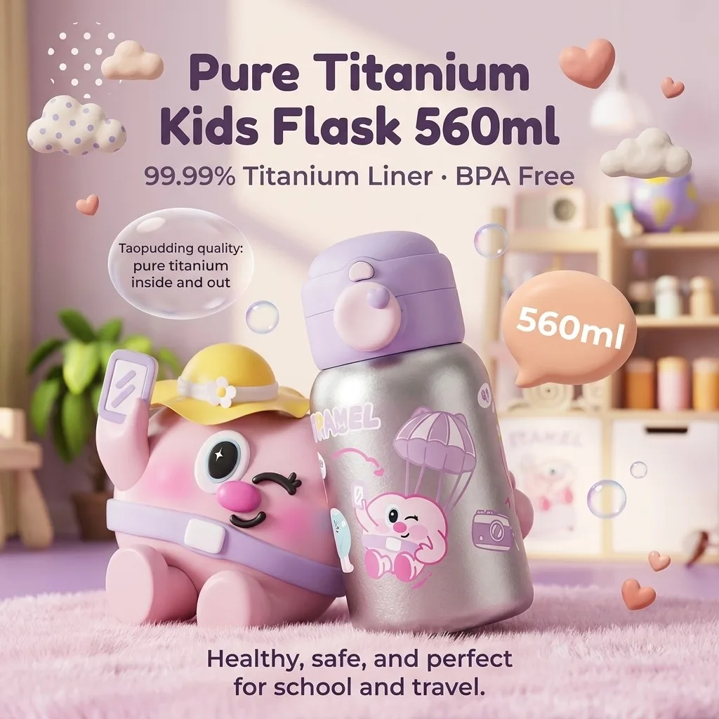 Kids Titanium Water Bottle 560ml Insulated Thermos with Straw 3 in 1 Lid Leak Proof for School Toddler