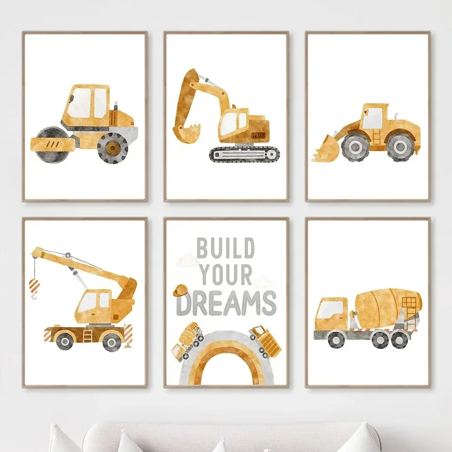 Excavator Cartoon Wall Art, Kindergarten Decorations, HD Canvas Print Posters, Home, Children's Room Hanging Paintings