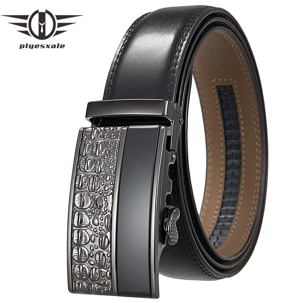 

Plyesxale Men's Belt Cowskin Leather Belts Brand Fashion Automatic Buckle Black Red Brown Formal Belts for Men 3.5cm Width B1357