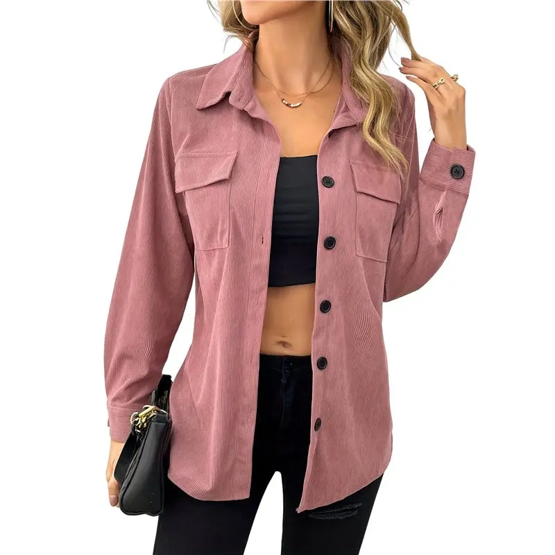 

CYL-Female Summer Pullover Casual Long Sleeve Turndown Collar Pocket Shirt