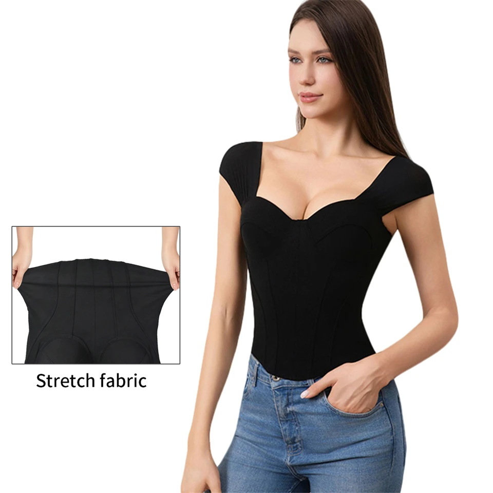 Becirzet Damen Schwarzes Korsett, Drahtloser BH, Sexy Off-Shoulder-Top, Vintage-Fischgrätenmuster, Taillenbetonendes Tanktop – Detail 4