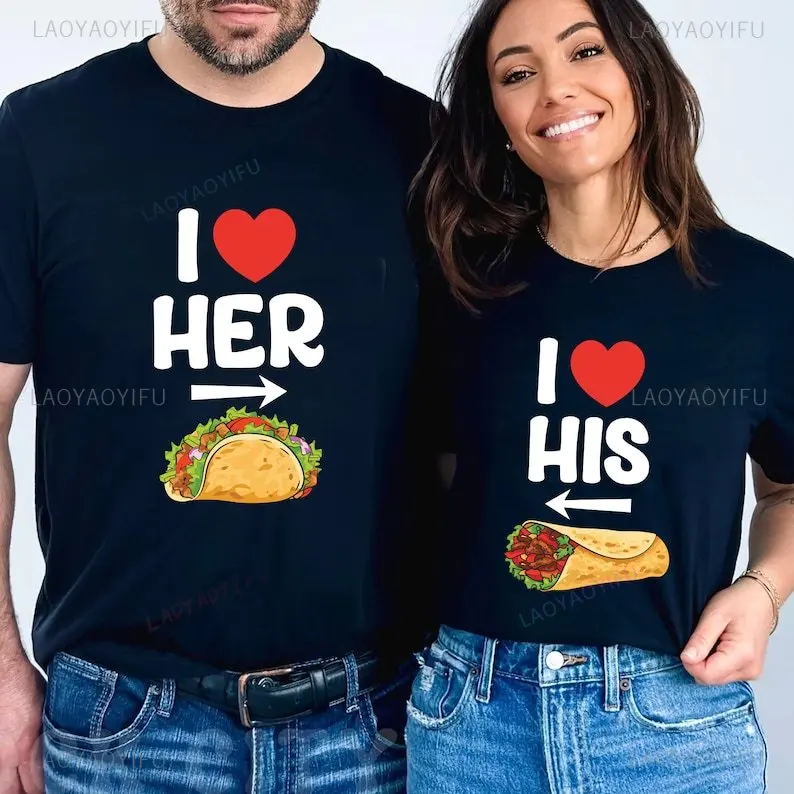 Matching Couple Cinco De Mayo T-shirt I Love Her Tacos I Love His Burrito Couple Cotton Shirt His and HersHubby and Wifey Tops