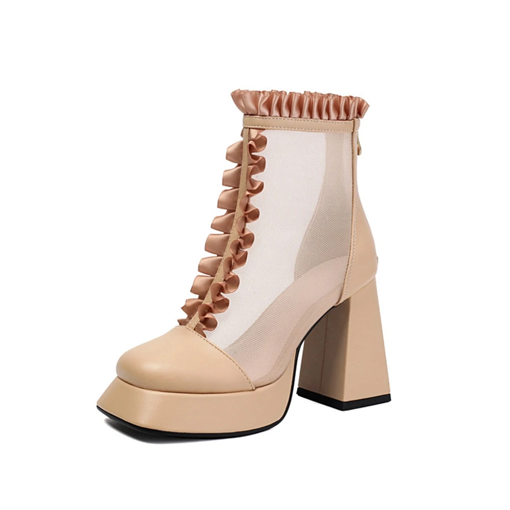 

Дизайнерские женские сетчатые крутые ботинки, лето 2022, элегантные дышащие нескользящие туфли на высоком каблуке с квадратным каблуком и толстой подошвой на молнии 205-7