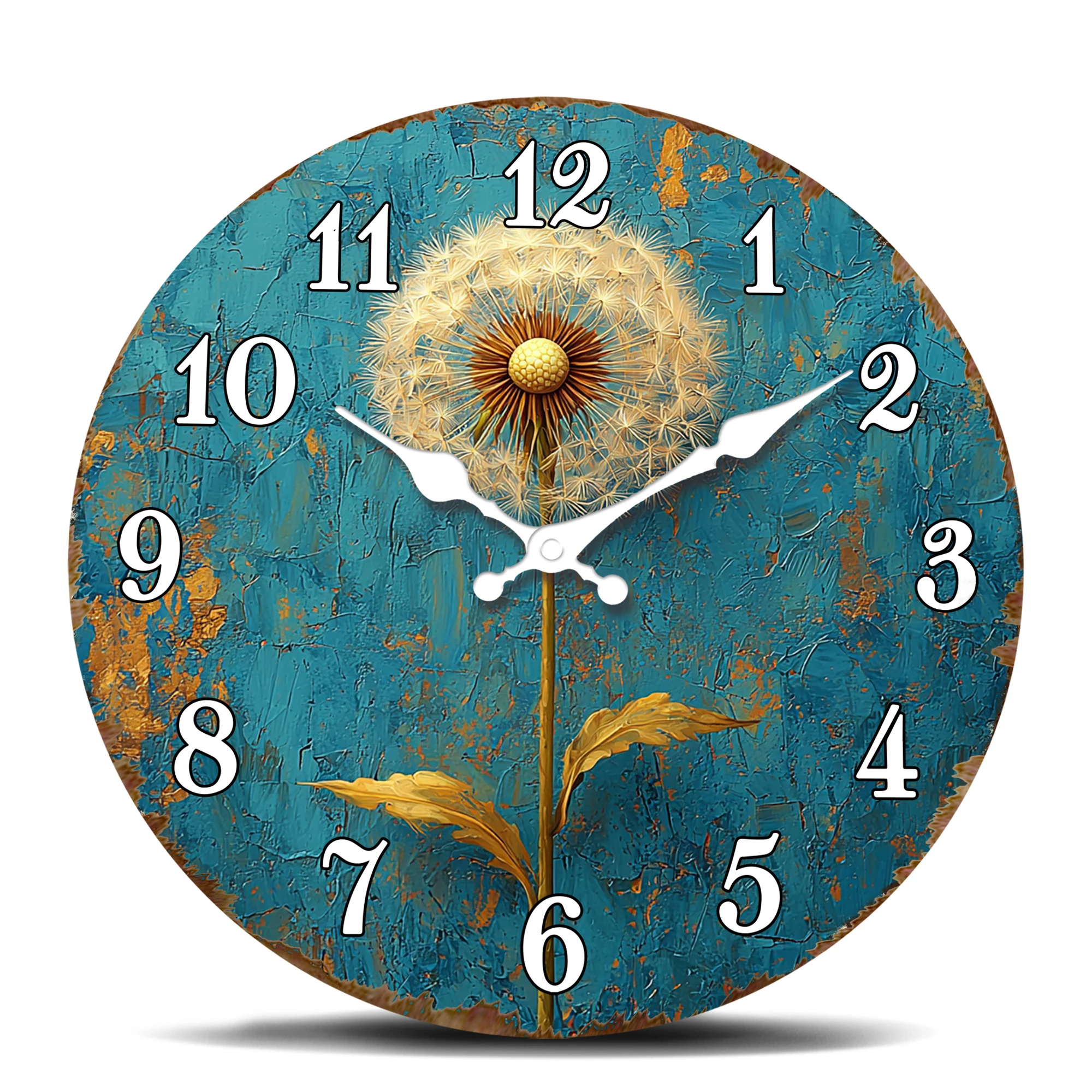 Dandelion Seed Head Wall Clock - Blue Textured Background Floral Decor, Whimsical Garden Home Art Clock
