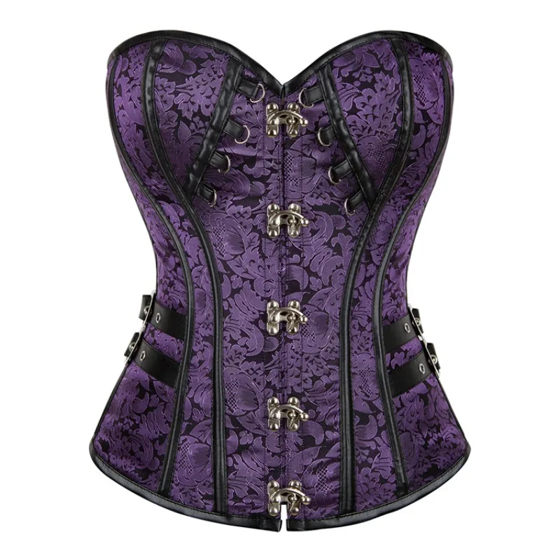 Steampunk Corsets and Bustiers Plus Size Purple Leather Corset Steel Bone Spiral Tops Chain Gothic Vintage Outwear Corselet image 2