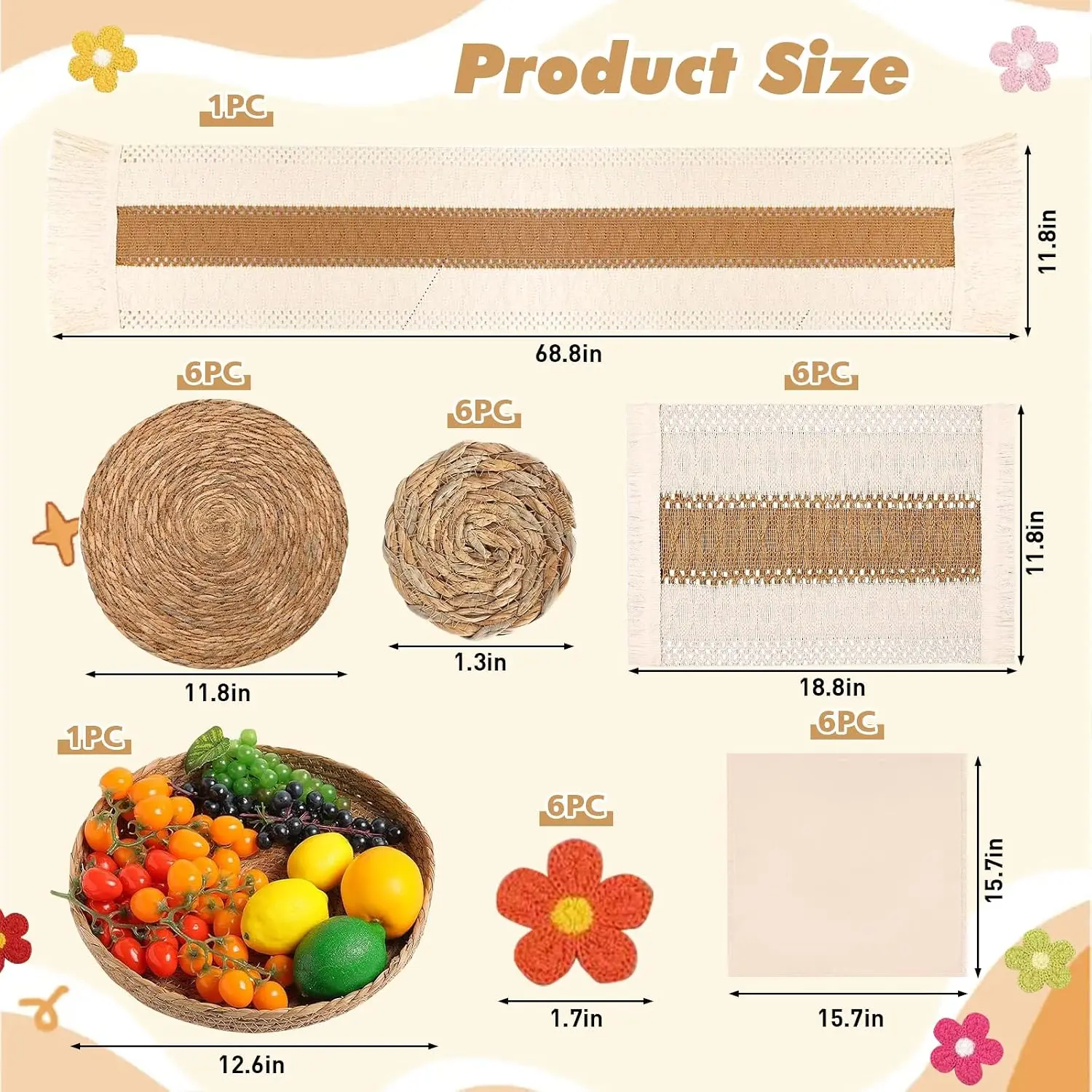 32Pcs Boho Table Set: 6 Rectangular & Round Placemats, Napkins, Rings, Runner, Coasters & Basket - Natural Burlap Cotton