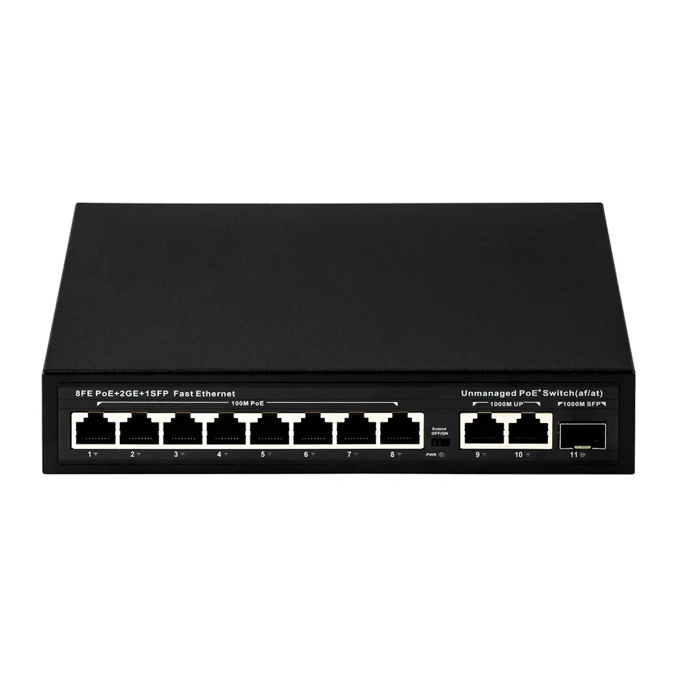 Switch Ethernet POE de 8 portas 100Mbps com 2X 1000Mbps RJ45 e 1X SFP UPLINK