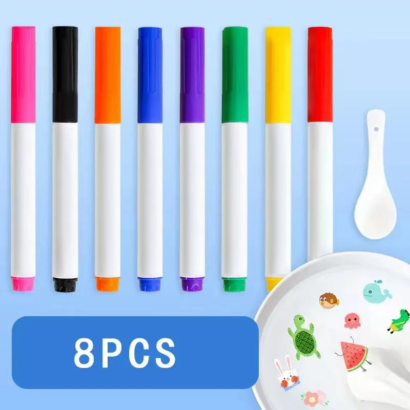 Magical Water Painting Pen 8 Colors Magic Floating Ink Pen Painting Floating Marker Pens for Kids Include Spoon