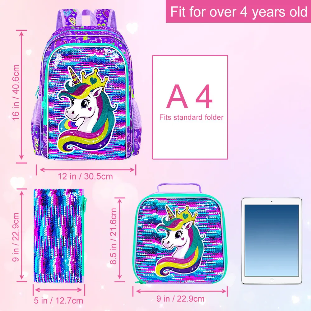 Rainbow Flip Sequins Unicorn Backpack 3-in-1 Set Girls Sparkly School Bag with Lunch Box & Pencil Case Kids Casual Daypack for D
