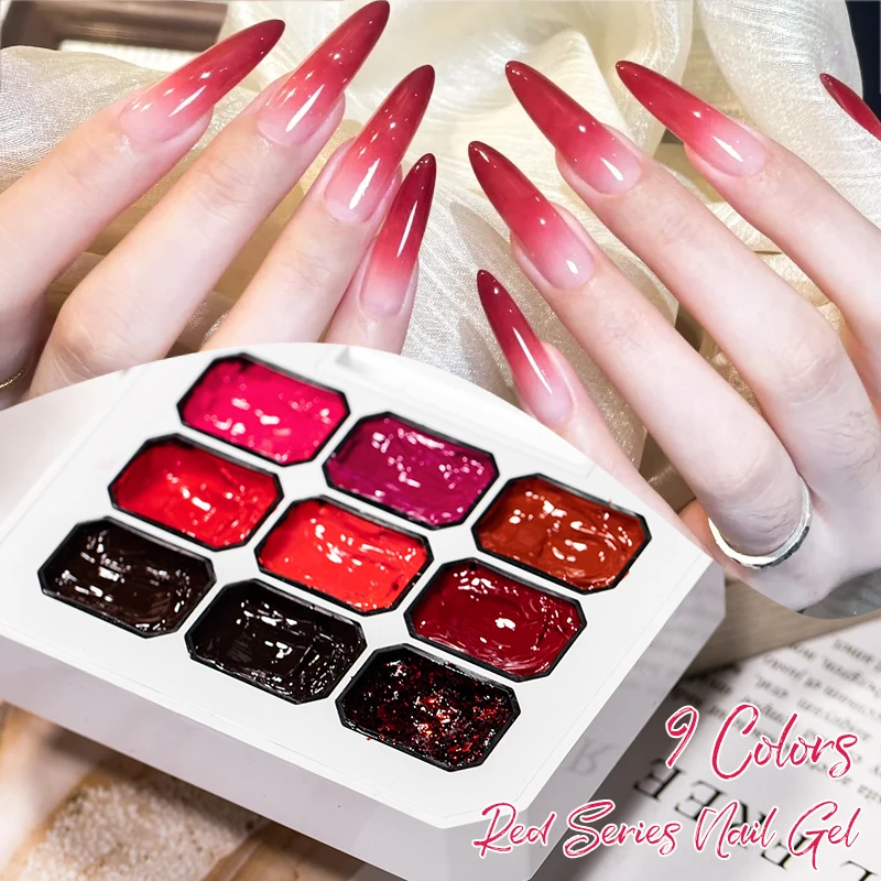

9-colors Red Glitter Pat Painting Gel Nail Polish Gradient Patting Gel Smudge Canned High Saturation Semi-Solid UV Gel Varnish