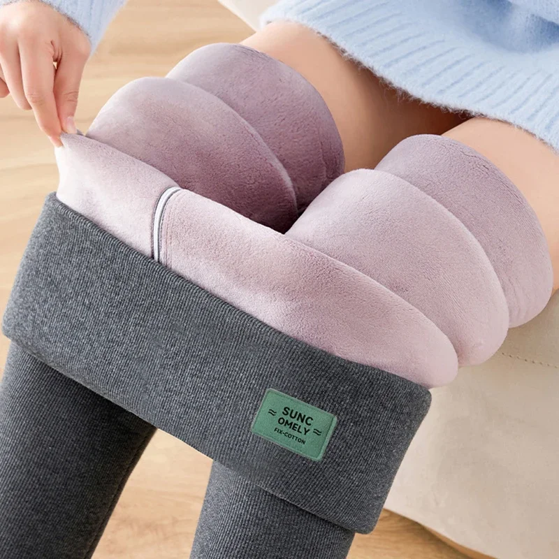 Autumn Winter High Waist Thermal Pants Women Solid Color Thicken Plush Warm Leggings Woman Elastic Slim Cotton Pants Female