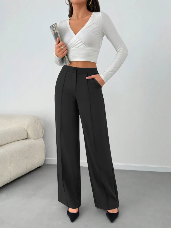 Office Women High Waist Flared Pants Front Stitch Design Loose Wide Leg Suit Trousers Business Casual Long Pants