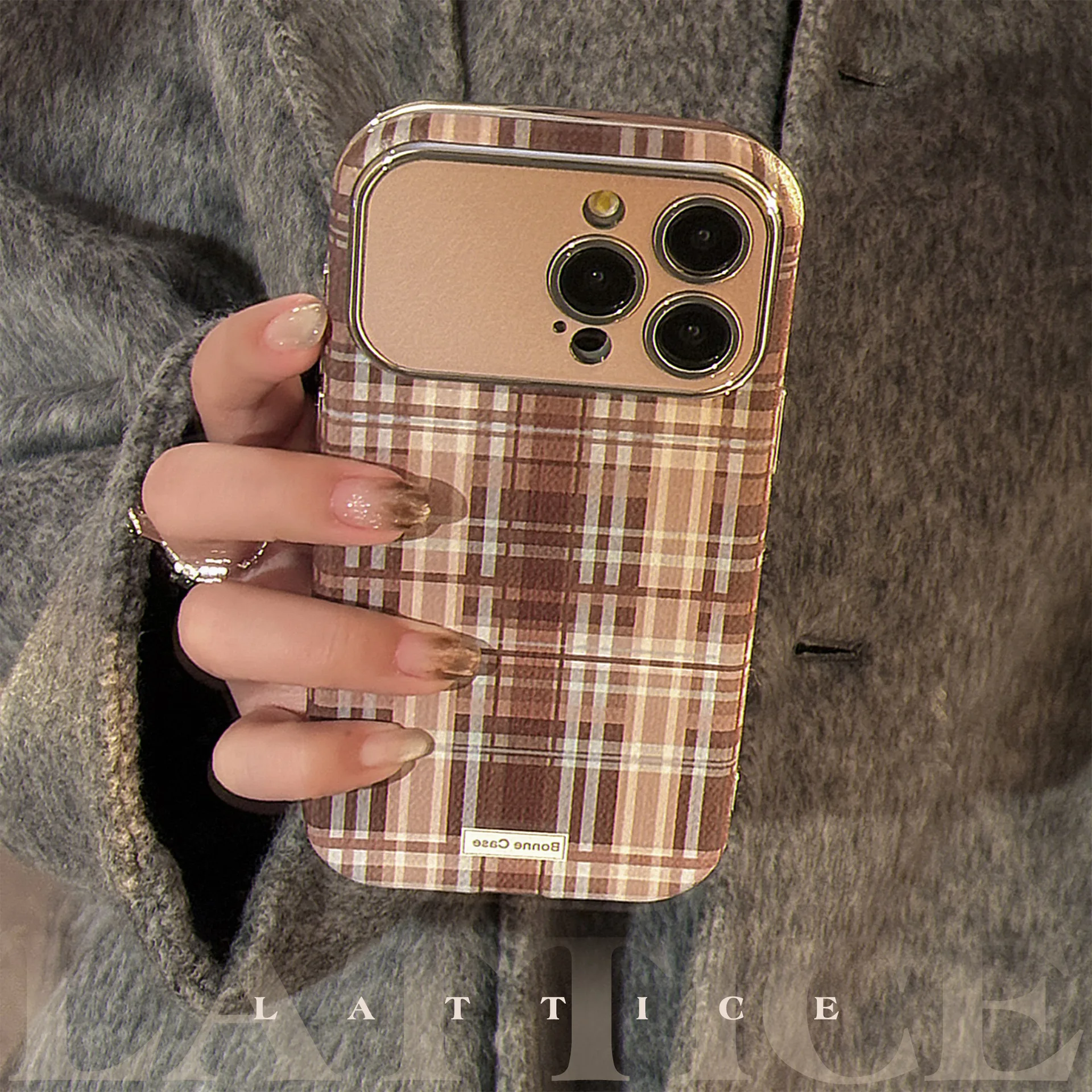 Korean Retro Brown Grid Pattern Electroplated Frame Phone Case for iPhone 16 15 14 11 12 13 Pro Max Wrist Strap Shockproof Cover
