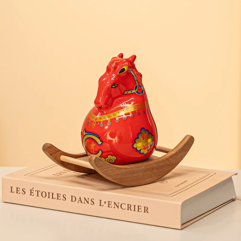 Lucky red rocking horse ceramic ornament,Year of the Horse mascot piggy bank,home living room and office lucky decor,ideal gift