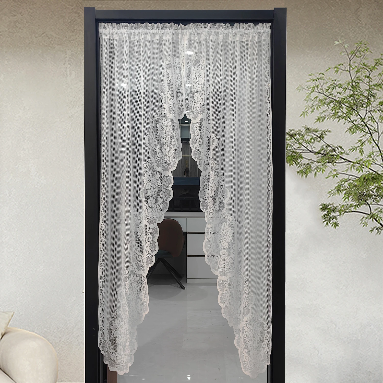 

1 Set White Herringbone Sheer Wave Floral Lace Curtain for Small Windows & Bedchamber Kitchen Cafe Knitted Lace Door Curtain