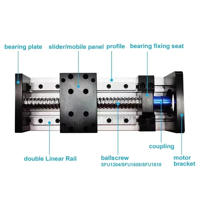 Linear Guide Rail Slide Stage Double Linear Rail XYZ Axis 100-1200mm Stroke BallScrew SFU1204 1605 1610 Nema 23 Stepper Motor