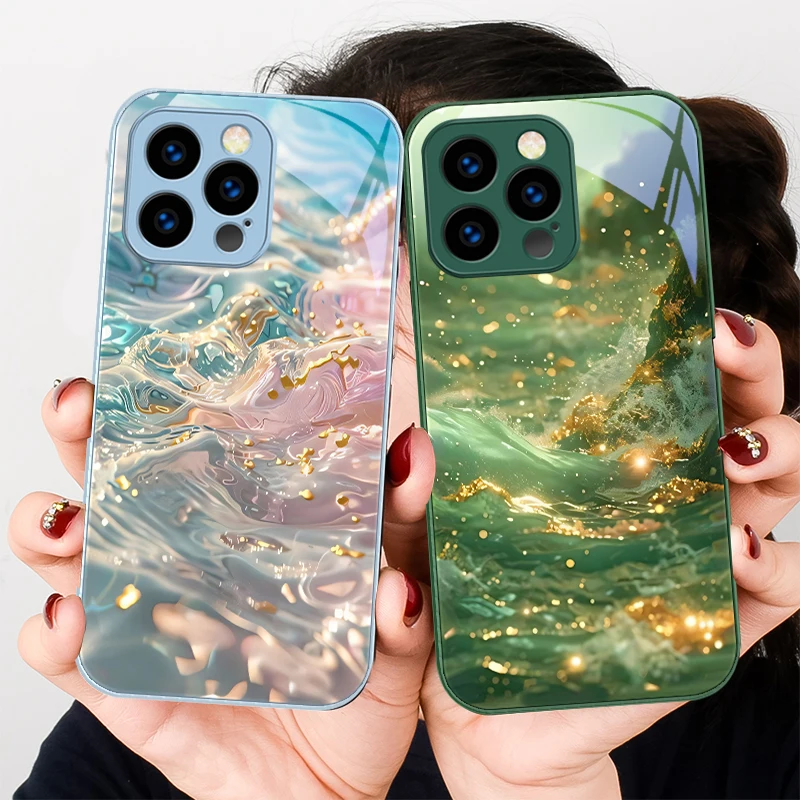 موجات ملونة زرقاء لهاتف آيفون 16 Plus 15 14 13 12 Mini 11 Pro Max X XS XR 7 8 Plus 2022 حافظة هاتف من الزجاج المقسى