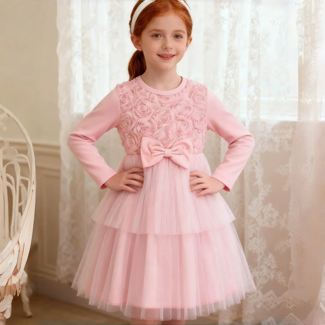 

Элегантное розовое платье из тюля с 3D розовым бантом для молодых девушек и многослойное тюлевое платье средней длины, вечернее платье трапециевидной формы для весенней/осенней повседневной одежды