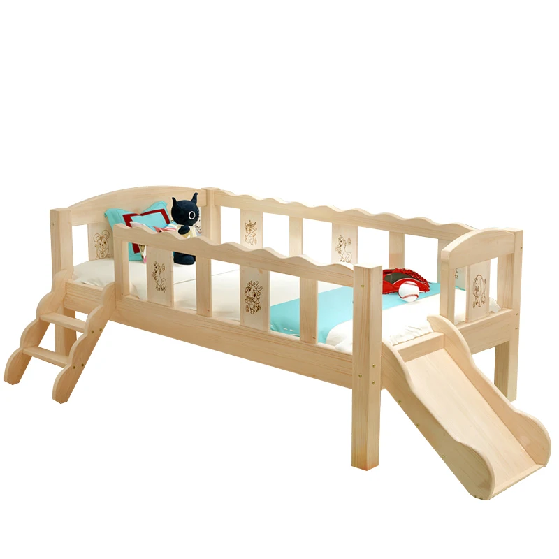 Solid wood children's bed with guardrails, boys' and girls' splicing bed, pine baby bed, split bed, toddler bed, slide and slide