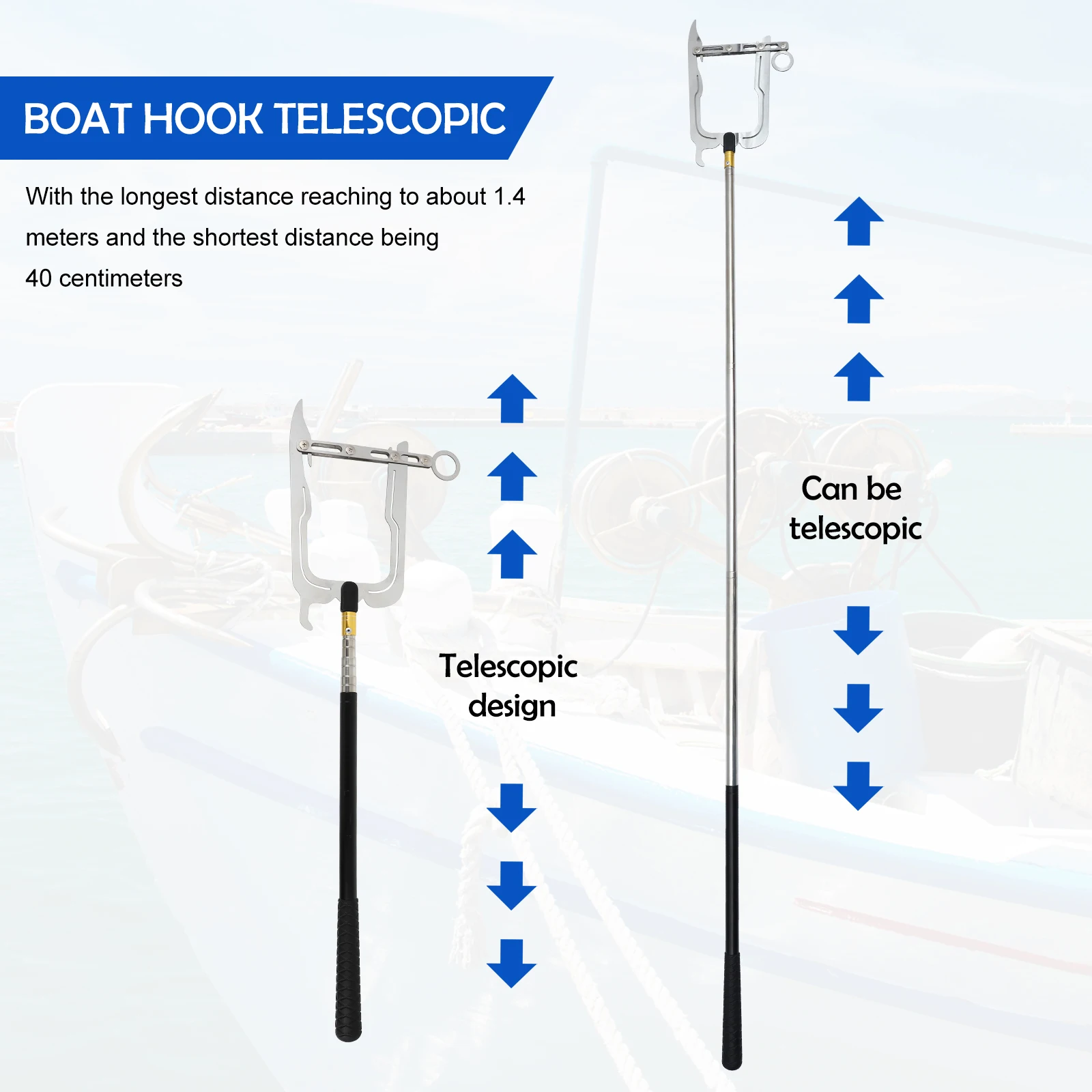 

1 set Telescopic Boat Hook 40cm 140cm Stainless Steel Marine Accessories Heavy Duty Swivel Pole Tie Rope Hook Puller Long