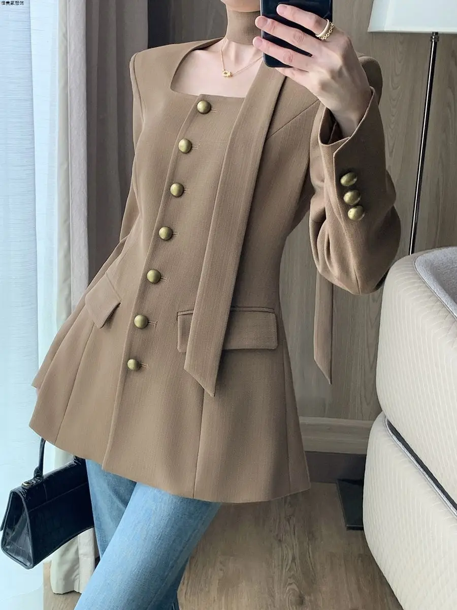 Blazer women's 2026 spring and autumn new high-end temperament waist square collar small suit  blazer femme