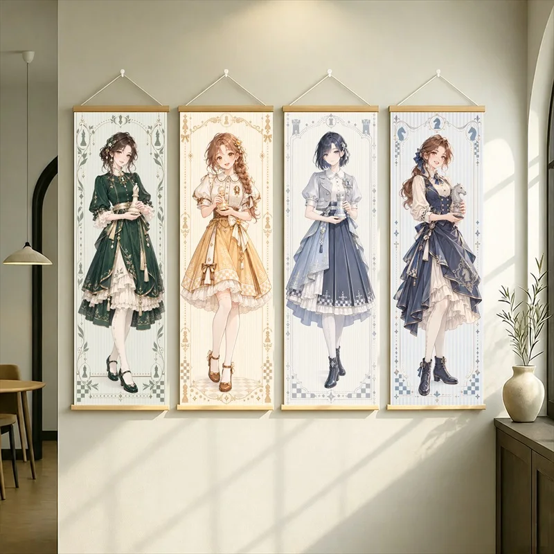 Anime Women in Green, Gold and Blue Ruffled Dresses Hanging Scroll with Vintage Inspired Floral Borders for a Bedroom