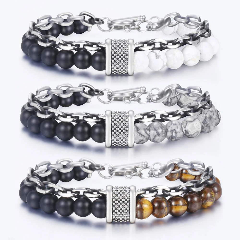 WG 1pc Fashionable Punk Style Frosted Stainless Steel Men Bracelet  Natural Stone Spliced Chain Bracelet Jewelry