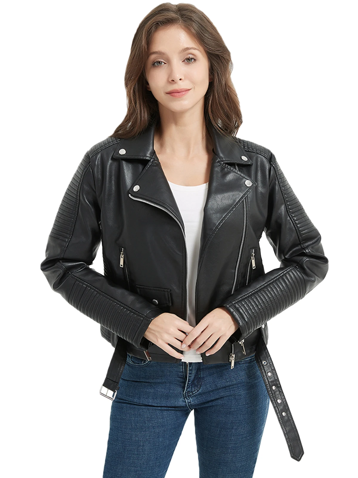 Fitaylor Women Faux PU Leather Jacket High Street Lapel Zipper Leather Coat Casual Lady Black Outwear