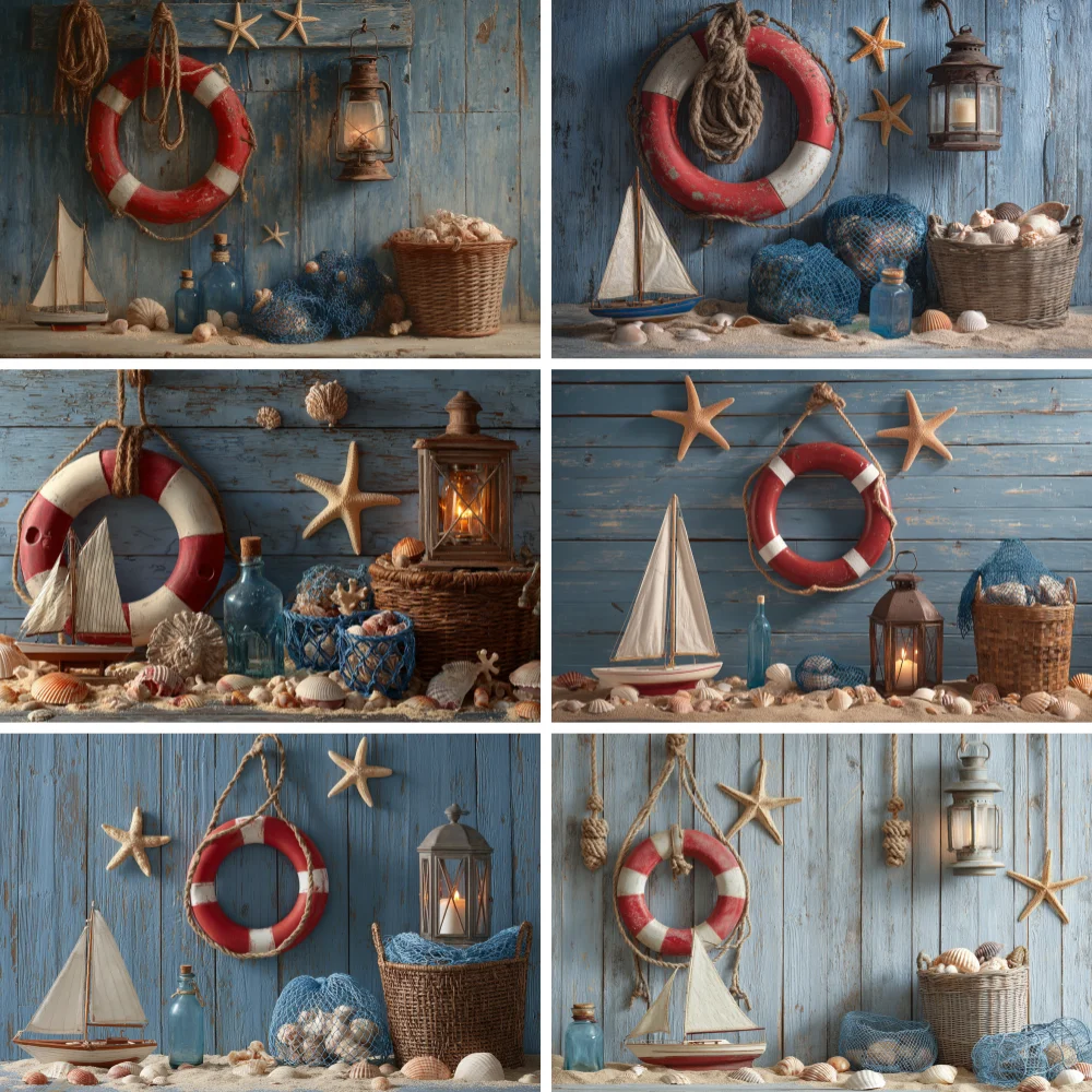 Photography background seafaring theme background decoration, featuring starfish, shells and ropes, beach-themed decoration
